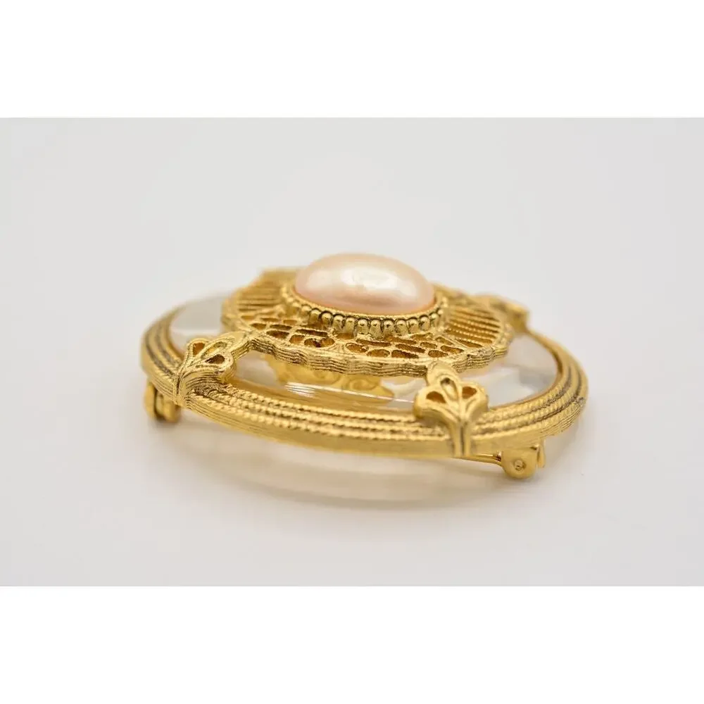 1928 Vintage Clear Lucite Pearl Pin Brooch Oval Antiqued Gold Chunky 1980s BinAL